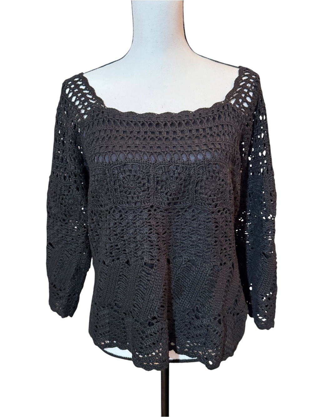 Bandolino Black Crochet Knit Boatneck Sweater, size L